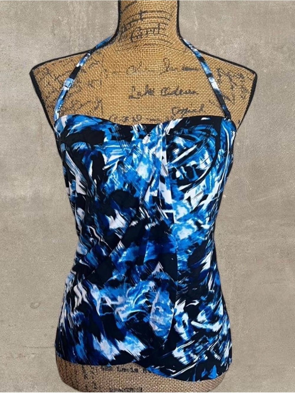 Aqua Green Blue Black Brushstroke Swim Top